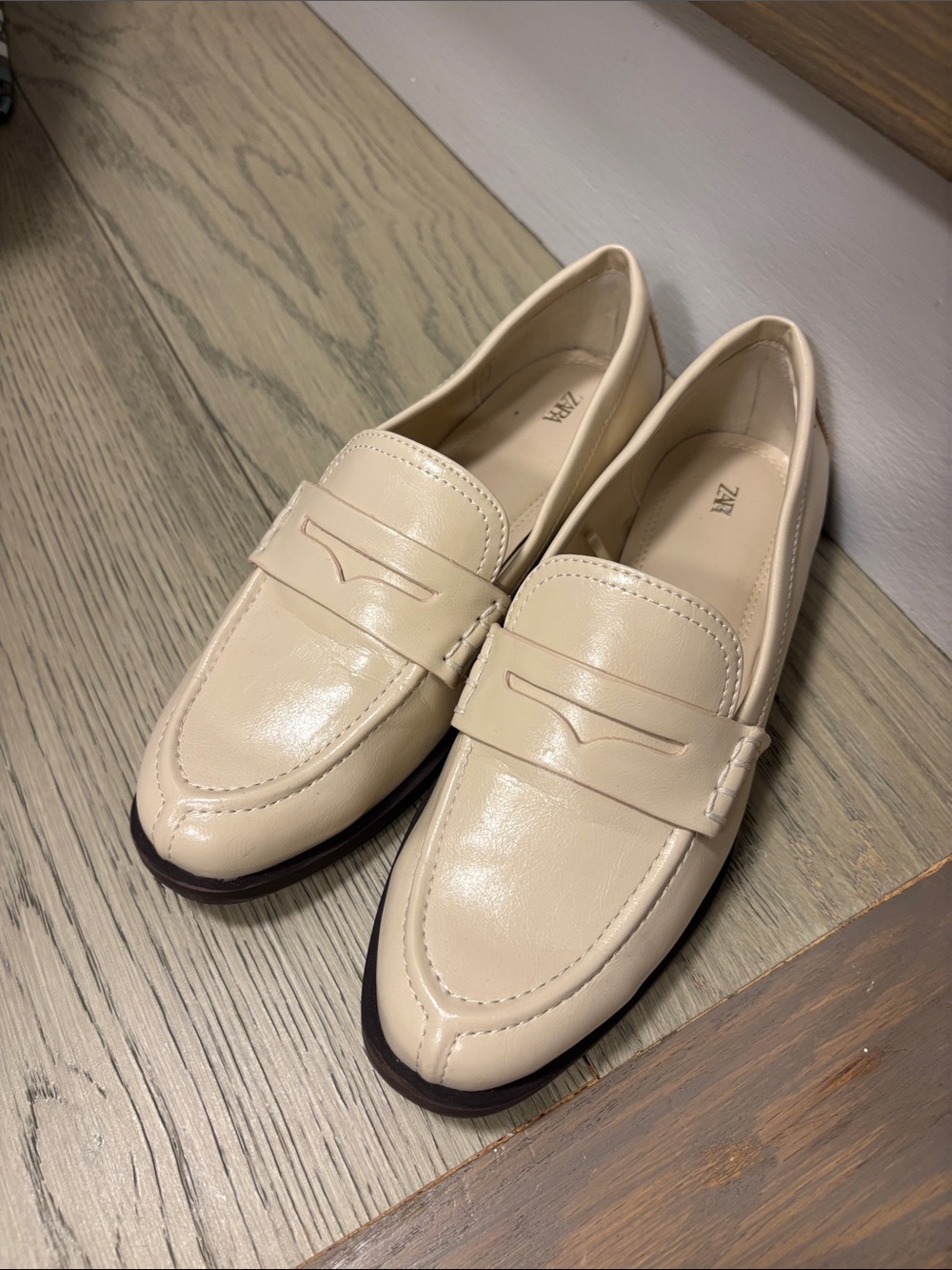 ZARA Cream Patent Leather Penny Loafers